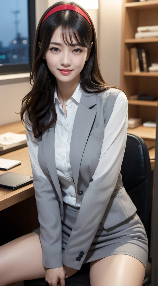 (((オフィスレディ、OL、office lady、formal clothes、gray vest、gray jacket)))、(((white horseshoe-shaped hairband)))、sexy,formal ,in the bank,vivid color panty,high heel、(((full body,including legs)))、Dressed up、(Photo real:1.4)、(A hyper-realistic:1.4)、(Photorealistic:1.3)、 (gentle lighting: 1.05)、(Improve the lighting quality of your video:0.9)、32 k、 1Girl、30 years old girl、photorealistic lighting、Back lighting、Facial Lights、Ray Trace、(bright:1.2)、(Increase quality:1.4)、 (best quality real texture skin)、Fair eyes,Delicate and delicate face、 (tired and sleepy and satisfied : 0.0), Close-up of the face,gray jacket,tight jacket, gray shirt [boton gap 1:5],very tight gray shirt ,((([see through shirts:1.3], {covered nipples ))), gray mini skirt , (Bodyline mood improvement:1.1)、Glossy skin、wavy hair、韓国アイドル、乃木坂アイドル、Sculptural Idol Pose、little smile,blush,Beautiful actress、Neat woman,whole body, and spread the legs apart, small breasts,(perfect row of teeth),slender waist and hip,beautiful long legs,(full shot)、((8heads tall)、(((誘惑している、恥ずかしい)))、random dynamic pose,(eye shadow),(red cheek、red lips),Super Clean Night View、night time、blush,little smile,(((full shot)))、a little open the legs apart、sitting down on the desk,(((in the luxury night office)))