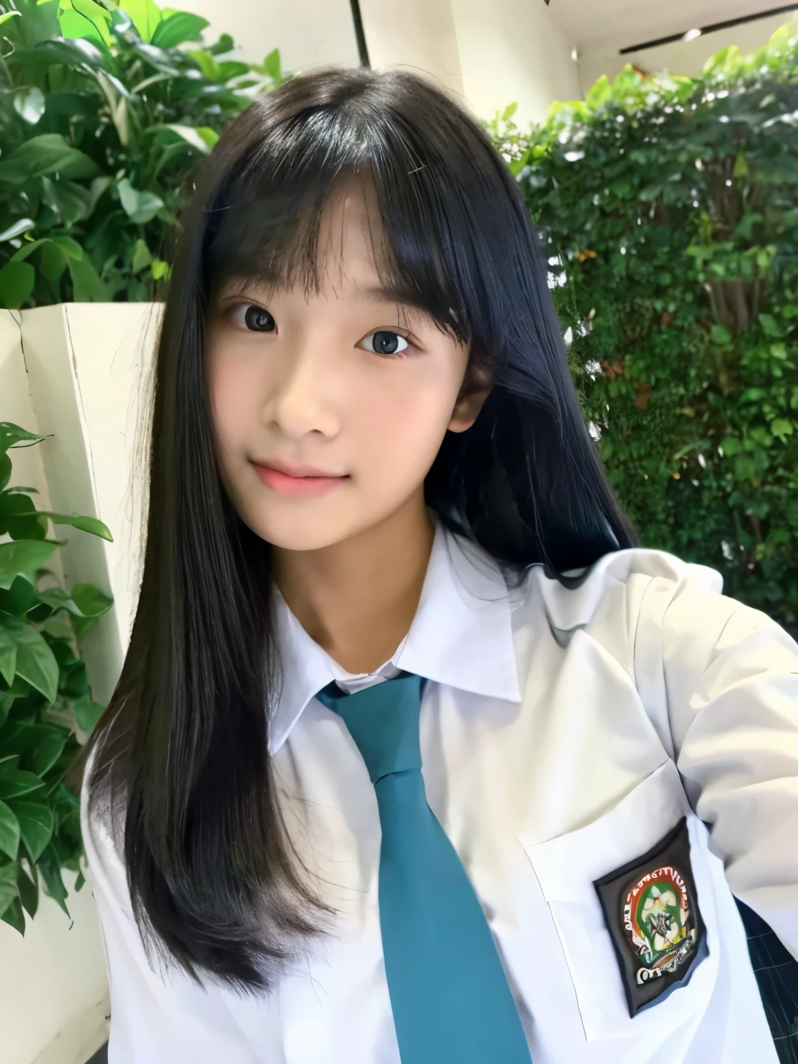 masterpiece, best quality, highres, female, 1girl, wearing indonesian high school uniform, selfie, close up, black long hair with front bang, white shirt, light blue tie, 17 yo,      green wall