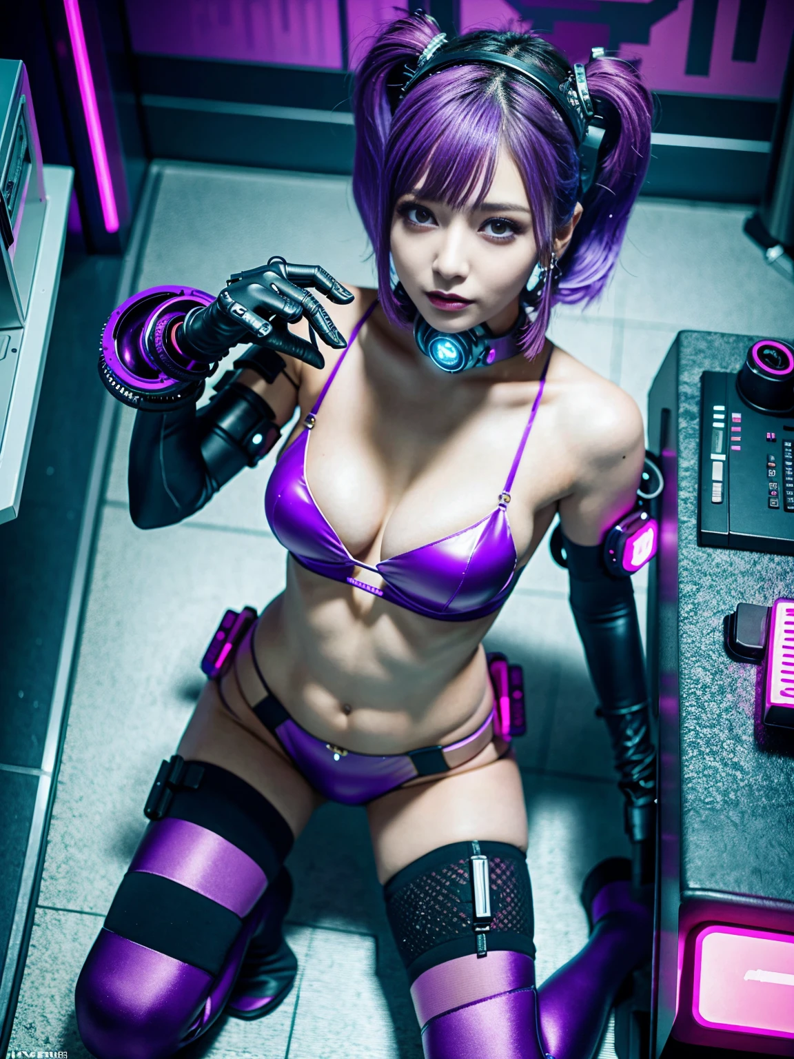 (photo realistic1.2),ultra detailed,(8K),(1girl),(cyberpunk:1.5),(ruins),(bed),Matte clothing,(cyberpunk costume:1.5),Futuristic Weapons,Future Items,Goggles of the Future,topless, (small nipples), (big breasts: 1.2),nude gravure, beautiful Japanese, clothes in disarray,earrings,(from above:1.5),(looking at viewer),(kneeling pose),smirk,(upper body),(spread legs:1.2),(purple hair),(short hair),26years old,
