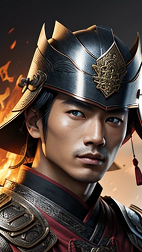 oriental、Man wearing ancient Chinese leather armor、ancient chinese hairstyle man、three kingdom、general、highest quality、masterpiece、ultra high resolution、(Photoreal:1.4)、game poster、fire、wore a leather helmet、It's solo