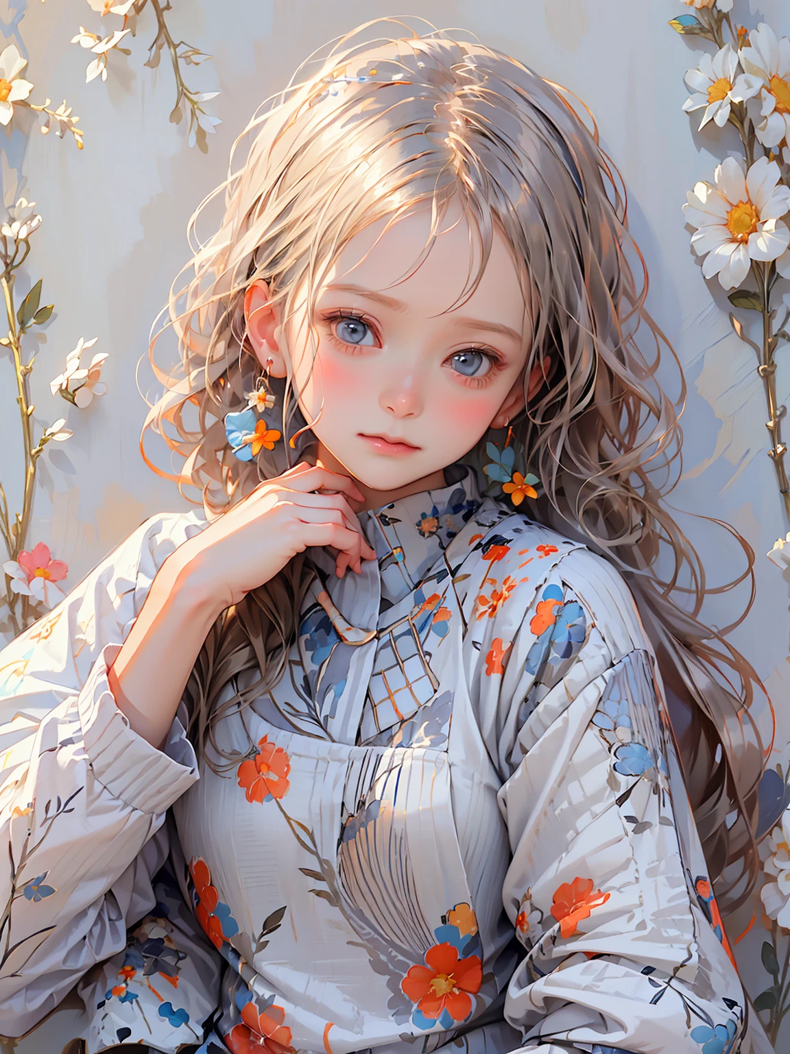 nijicute, 1girl, an anime fb girl in floral print, in the style of light silver and light blue, dreamlike portraiture, dark white and light orange, marguerite blasingame, cottagecore, charles spencelayh, serge marshennikov