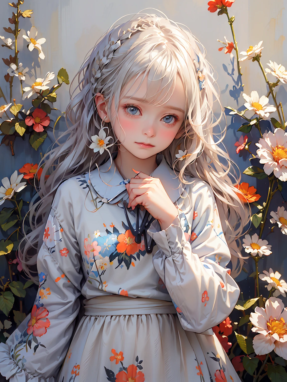 nijicute, 1girl, an anime fb girl in floral print, in the style of light silver and light blue, dreamlike portraiture, dark white and light orange, marguerite blasingame, cottagecore, charles spencelayh, serge marshennikov