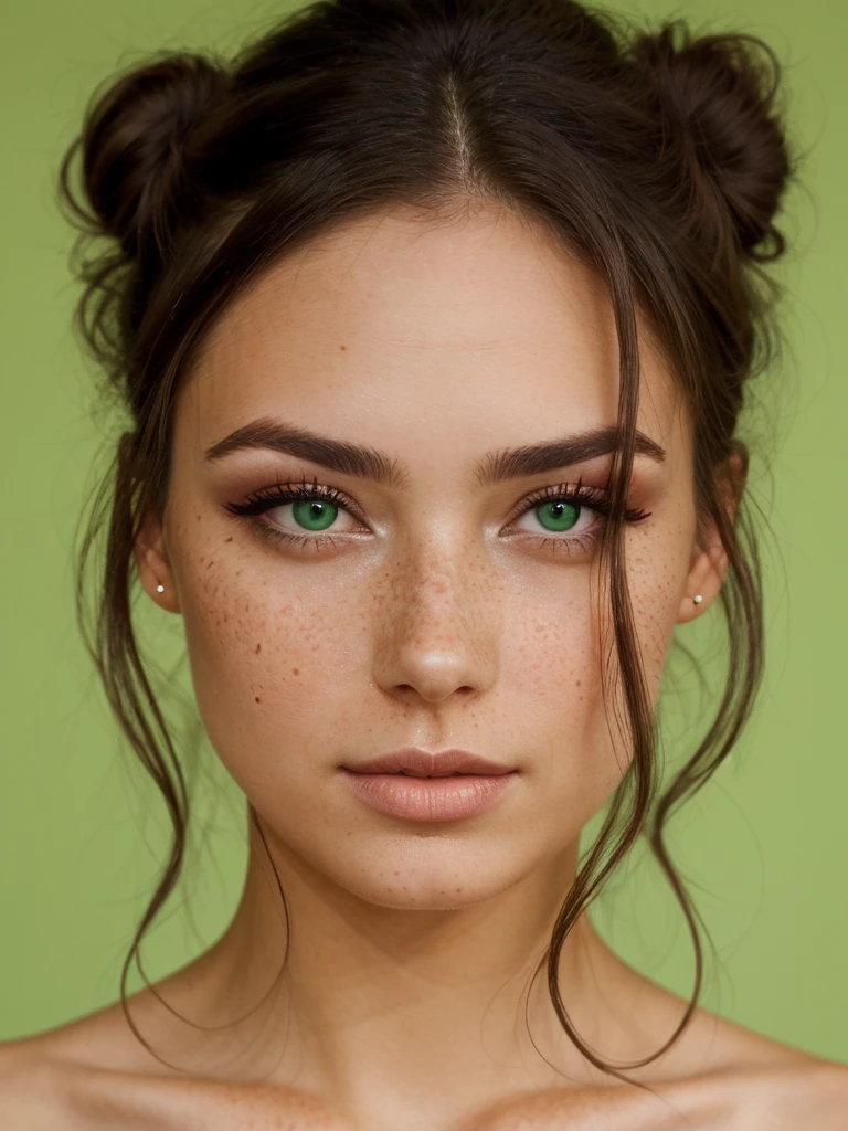 create a face of a very beautiful brunette woman with freckles and green eyes brown hair with a bun with eyes on her cheeks with beautiful makeup