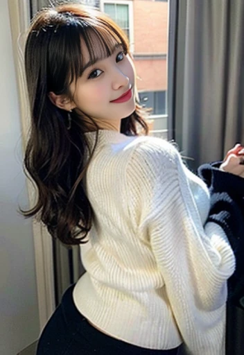 japanese woman,Female, 45 years old, long wavy black hair、bangs、tight white turtleneck sweater, plump nipples、tight skirt, Jacket、medium milk, cute smile、(butt sticking out pose)、(looked back)、sexy hips、barefoot, living、sexy pose、sexy lace panty necklace、earrings、Photo showing the whole body, big ass, plump thighs