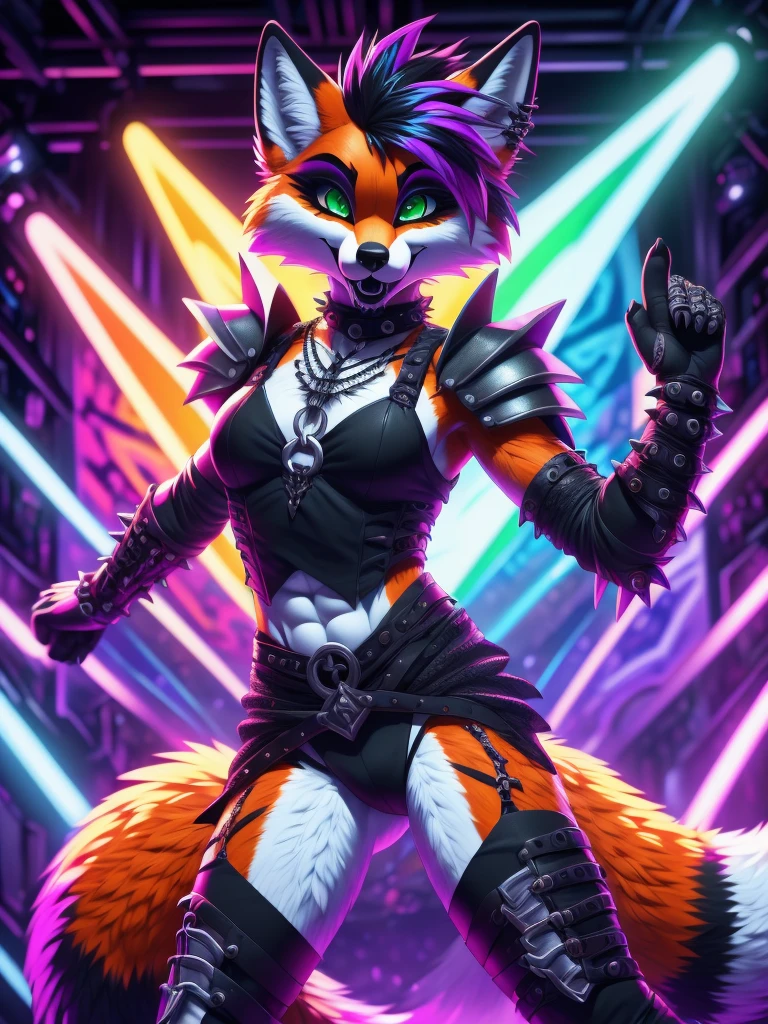 (best quality,4k,8k, highres, masterpiece:1.2), (furry; anthro fox), well-toned abs, ultra-detailed, dynamic lewd pose, ((horny)), ((sexy)), goth makeup, edgy punk hairstyle, detailed eyes and face, long eyelashes, gothic punk style, knight armor, vibrant colors, excited, green eyes, orange fur