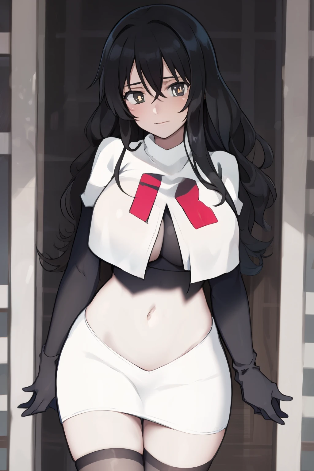a girl, black hair, (black pupils:1.4), BREAK,big breasts, team rocket,team rocket uniform, red letter R, white skirt,white crop top,black thigh-highs,black elbow gloves