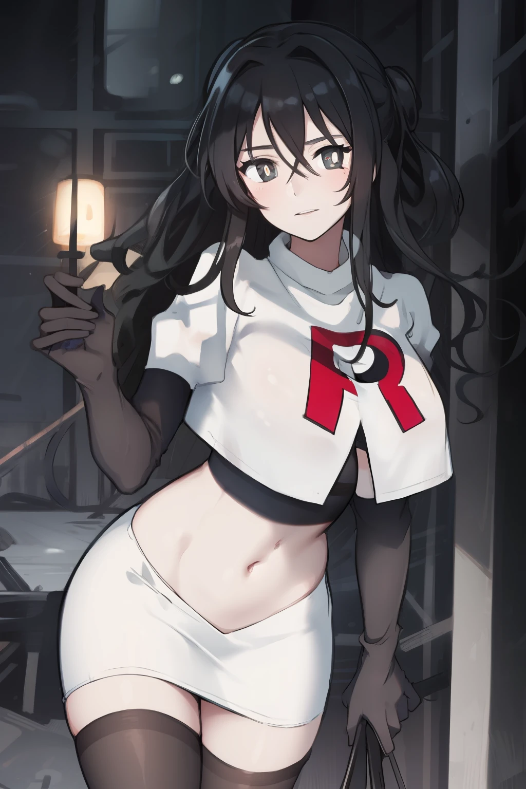 a girl, black hair, (black pupils:1.4), BREAK,big breasts, team rocket,team rocket uniform, red letter R, white skirt,white crop top,black thigh-highs,black elbow gloves