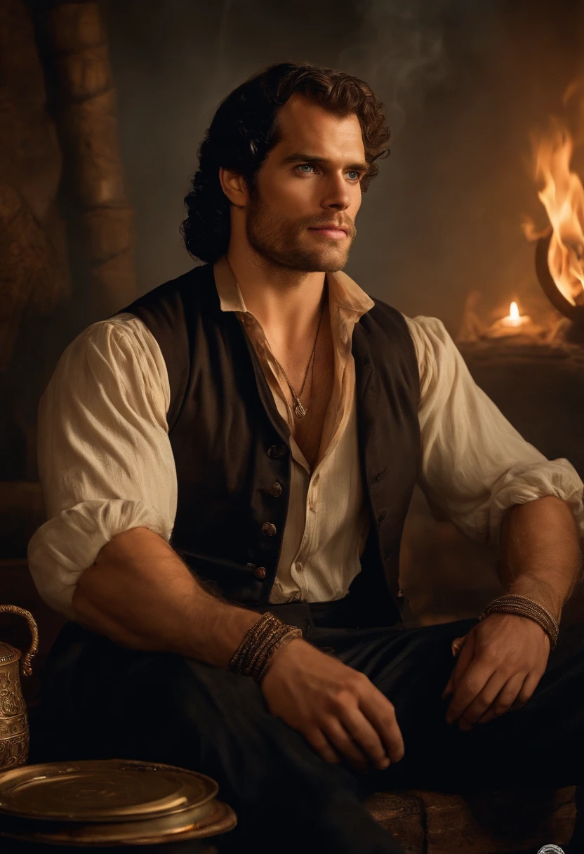 ((Baroque style painting of a young gypsy with a clean beard((henry cavill)),)) earrings and bracelets, handsome and strong young man, dressed in a vest, shirt and pants in the style of the Victorian Era, blue eyes, long hair , silky, black falling on the shoulders, ((playing a gypsy tambourine near a fire in a gypsy camp)).
