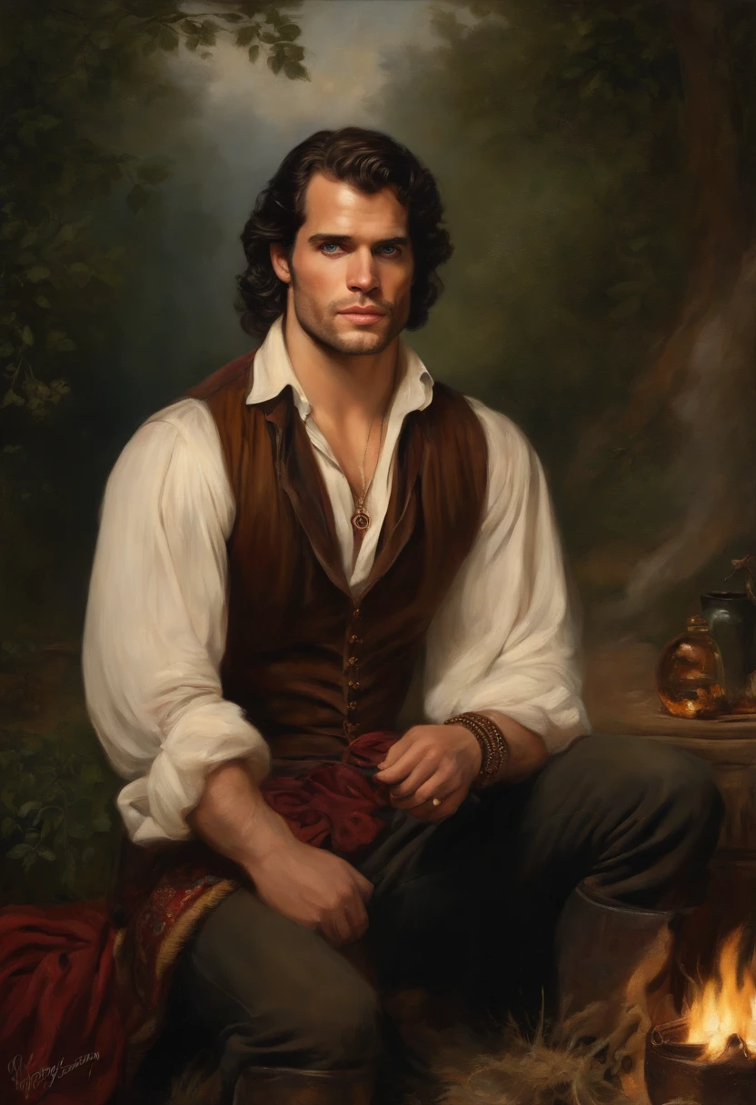 ((Baroque style painting of a young gypsy with a clean beard((henry cavill)),)) earrings and bracelets, handsome and strong young man, dressed in a vest, shirt and pants in the style of the Victorian Era, blue eyes, long hair , silky, black falling on the shoulders, ((playing a gypsy tambourine near a fire in a gypsy camp)).