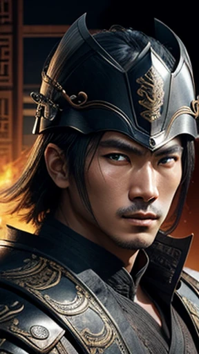 oriental、Man wearing ancient Chinese leather armor、ancient chinese hairstyle man、three kingdom、general、highest quality、masterpiece、ultra high resolution、(Photoreal:1.4)、game poster、darkness、wore a leather helmet、It's solo