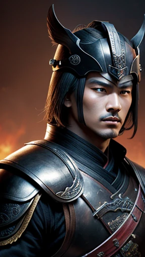 oriental、Man wearing ancient Chinese leather armor、ancient chinese hairstyle man、three kingdom、general、highest quality、masterpiece、ultra high resolution、(Photoreal:1.4)、game poster、darkness、wore a leather helmet、It's solo
