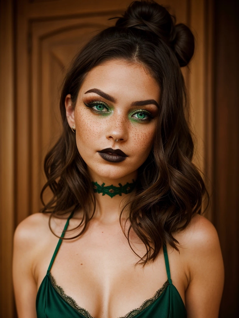 Create a face of a very beautiful brunette woman with freckles and green eyes, brown hair with a bun with eyes on her cheeks, with beautiful gothic makeup.