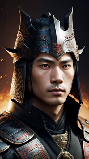 oriental、Man wearing ancient Chinese leather armor、ancient chinese hairstyle man、three kingdom、general、highest quality、masterpiece、ultra high resolution、(Photoreal:1.4)、game poster、darkness、wore a leather helmet、It's solo