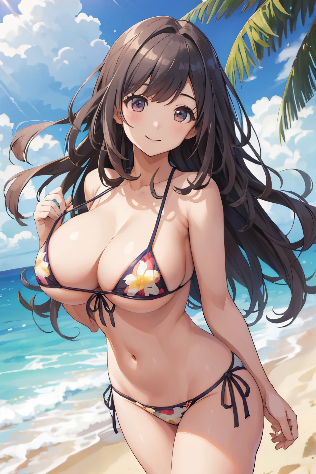 (NSFW)、beautiful young woman，perfect body and beautiful big eyes, perfectly slim and thick body, short and wavy hair, hair band, micro bikini with delicate print, play on the beach, tropical island, Happy, smile gently, Open, That&#39;s a perfect face, mute tone, in the atmosphere, clean lines, Complex, Super detailed, realistic, 8K、nipple、