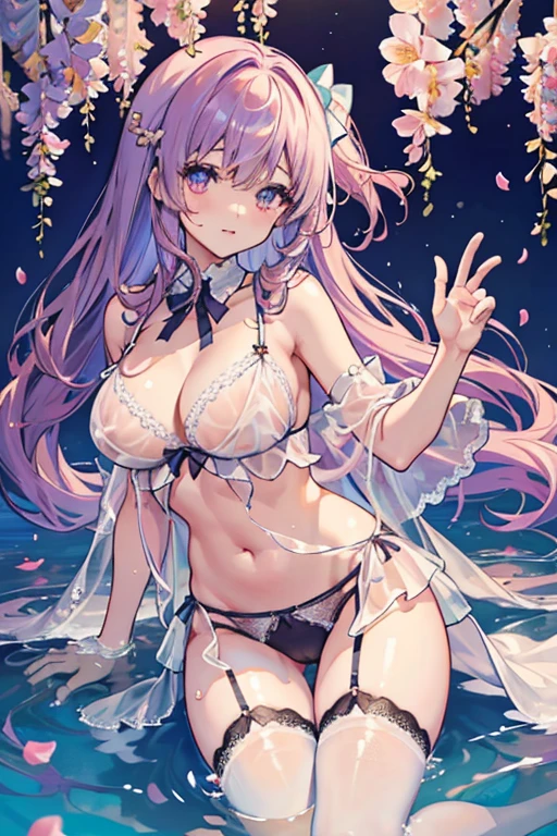 Flowers bloom by the water、weeping cherry blossoms、wisteria flowers、water reflection!!!!!、sheer lingerieを着てポーズをとるアラフィフの女性写真、See-through lingerie beauty、Wearing sexy see-through lingerie、garter belt、complex, captivating and captivating、sheer lingerie!!、Woman in see-through lingerie posing for a photo、sheer lingerie!!、beautiful female body、fantastic and fantasticな雰囲気、see-through lingerie、光沢のあるsheer lingerie、dreamy aesthetics、mysterious softness、soft aesthetics、transparent underwear、fantastic and fantastic、fantastic and fantasticなスタイル、fantastic and fantastic、(((Big big breasts)))、beautiful leg style、stylish hair、cute hairstyle、Many petal body esbian、