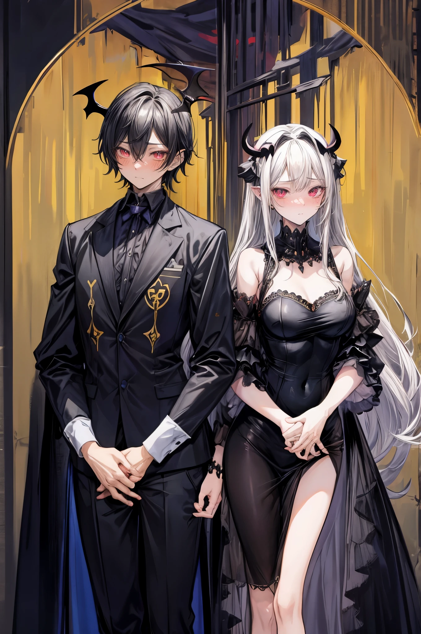 (flat color:1.1),(masterpiece:1.2), best quality, masterpiece, original, black silhouette figures of an incubus man and succubus woman, man, woman, two figures, blushing expressions