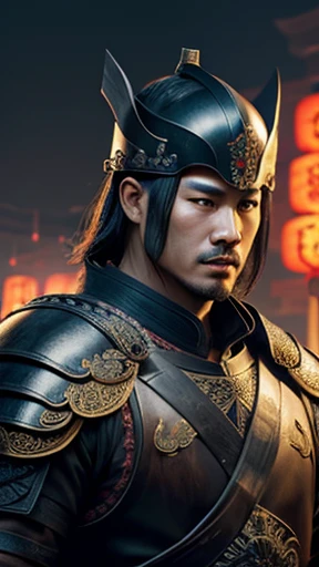 oriental、Man wearing ancient Chinese leather armor、ancient chinese hairstyle man、three kingdom、general、highest quality、masterpiece、ultra high resolution、(Photoreal:1.4)、game poster、darkness、wore a leather helmet、It's solo
