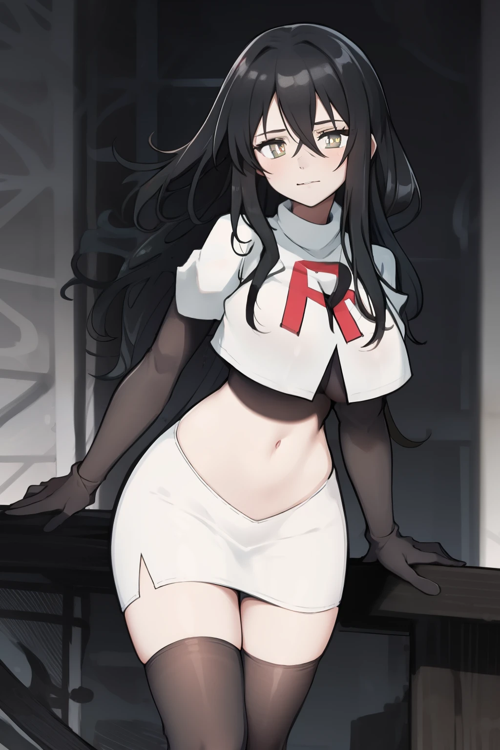 a girl, black hair, (black pupils:1.4), BREAK,big breasts, team rocket,team rocket uniform, red letter R, white skirt,white crop top,black thigh-highs,black elbow gloves
