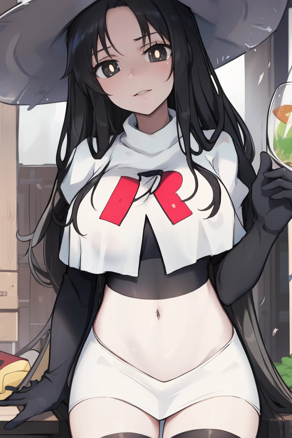 a girl, black hair, (black pupils:1.4), BREAK,big breasts, team rocket,team rocket uniform, red letter R, white skirt,white crop top,black thigh-highs,black elbow gloves
