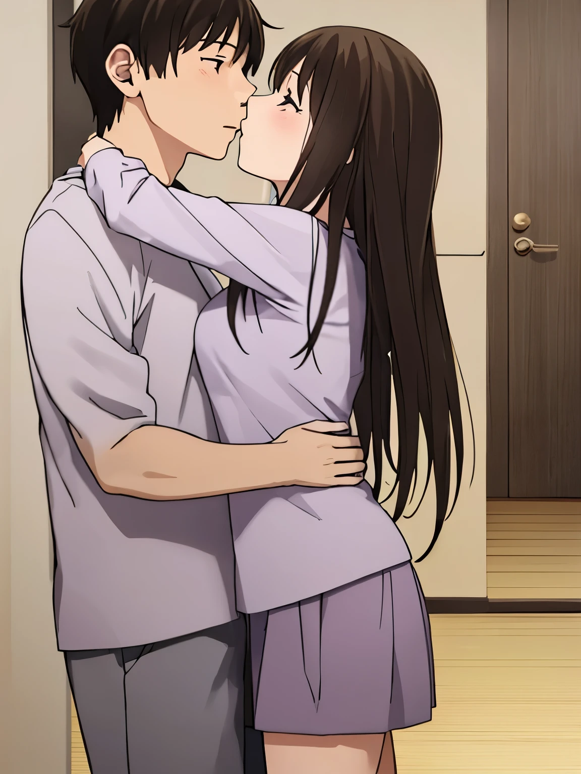 1boy, buzzcut, 1girl, bangs, black hair, blush, medium breast, gym short sleeve white shirt, gym shorts, cute, love, couple, adorable, long sleeves, dating, face to face, (kiss, deep kiss,) open eyes, girl back leaning wall, indoors, bedroom, boy breast groping girl's chest