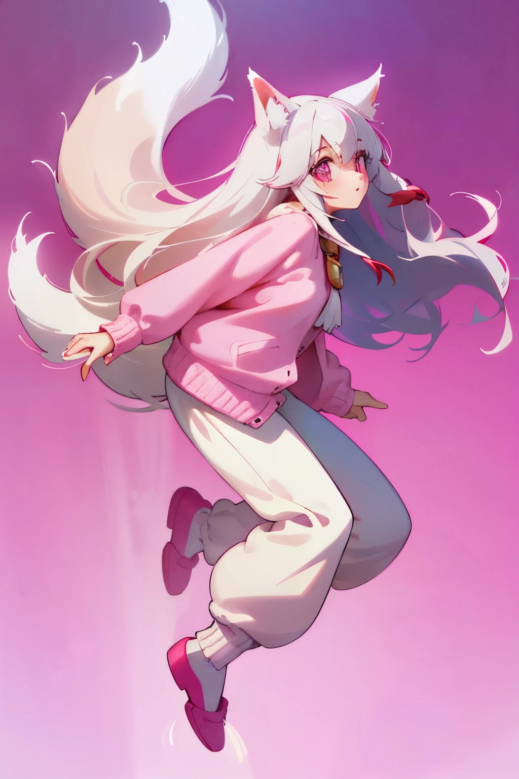 best quality, 1 girl, solo, full body, fox girl, arctic fox girl, long white hair, pink highlights and gradients, flufy white ears with pink tips, strawberry colored eyes, puffy white top, strawberry themed cardigan, pink cardigan with strawberry pattern, pastel colors, strawberry pink track pants, strawberry themed socks, pink socks with strawberry pattern, really long white messy hair that has pastel pinkhighights int he side parts, bangs and lengths, freckles, clanmarks stripes on cheeks below the eyes, silver bells and long ribbons attached to her ears, ears are fluffy foc ears, ears slight gradient on the tips, fluffy tail with pastel pink highlights at the end, posing, full body