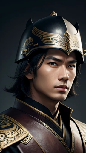oriental、Man wearing ancient Chinese leather armor、ancient chinese hairstyle man、three kingdom、general、highest quality、masterpiece、ultra high resolution、(Photoreal:1.4)、game poster、Background Black、wore a leather helmet、It's solo