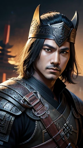 oriental、Man wearing ancient Chinese leather armor、ancient chinese hairstyle man、three kingdom、general、highest quality、masterpiece、ultra high resolution、(Photoreal:1.4)、game poster、Background Black、wore a leather helmet、It's solo