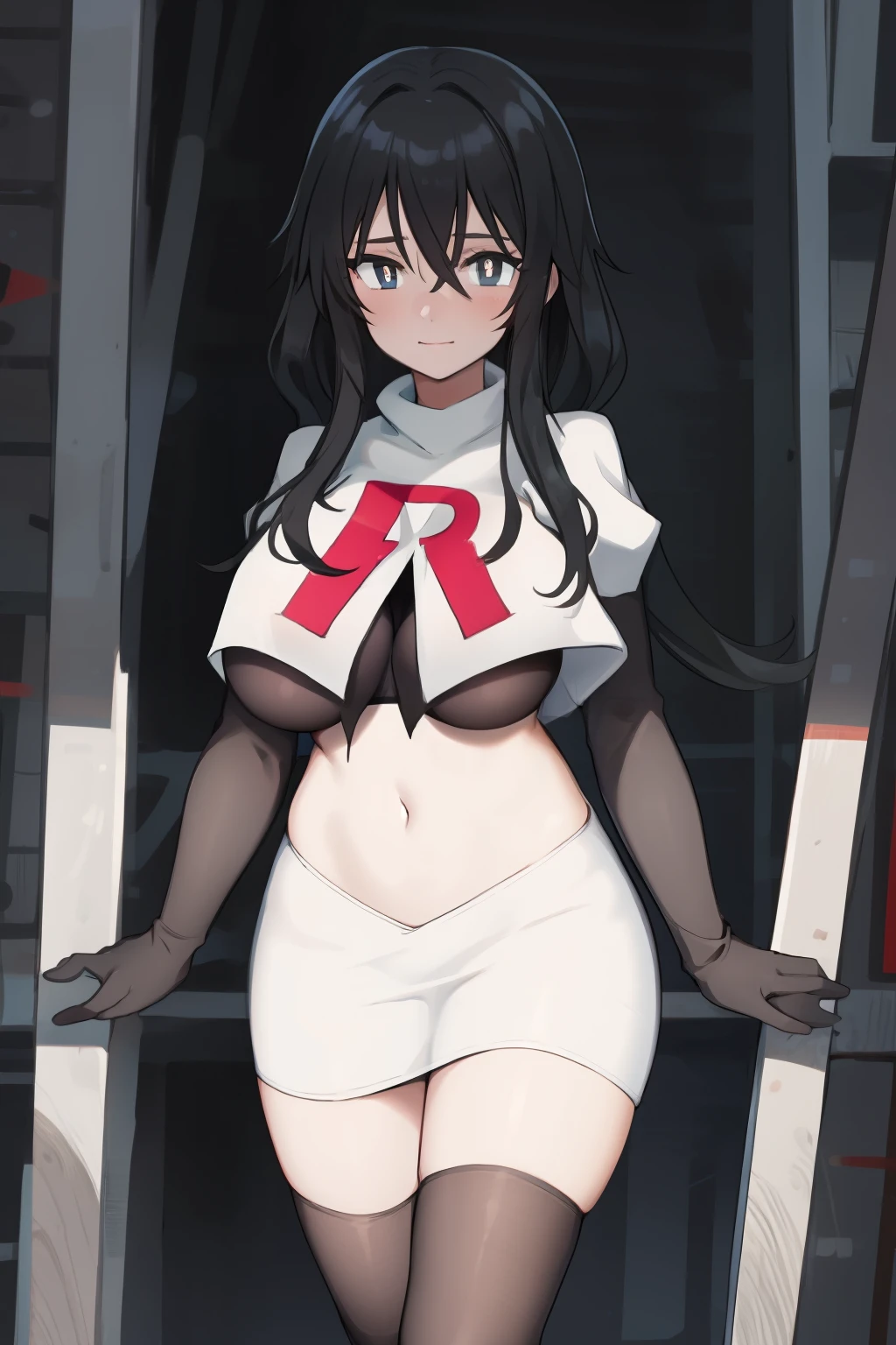 a girl, black hair, (black pupils:1.4), BREAK,big breasts, team rocket,team rocket uniform, red letter R, white skirt,white crop top,black thigh-highs,black elbow gloves