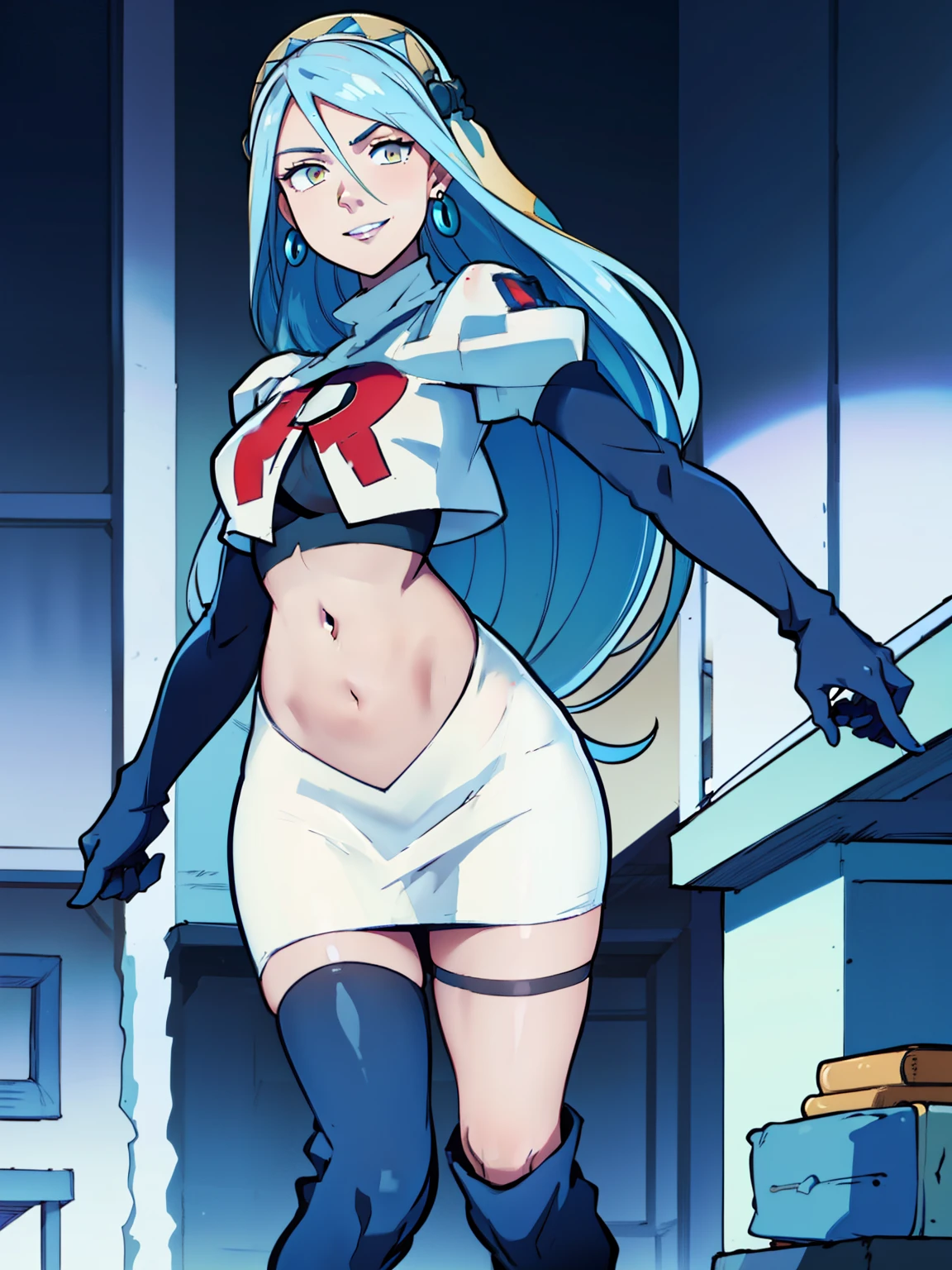 azura \(fire emblem\), yellow eyes ,earrings ,glossy lips, blue eye shadow, makeup ,team rocket uniform, red letter R, white skirt,white crop top,black thigh-high boots, black elbow gloves, evil smile, background