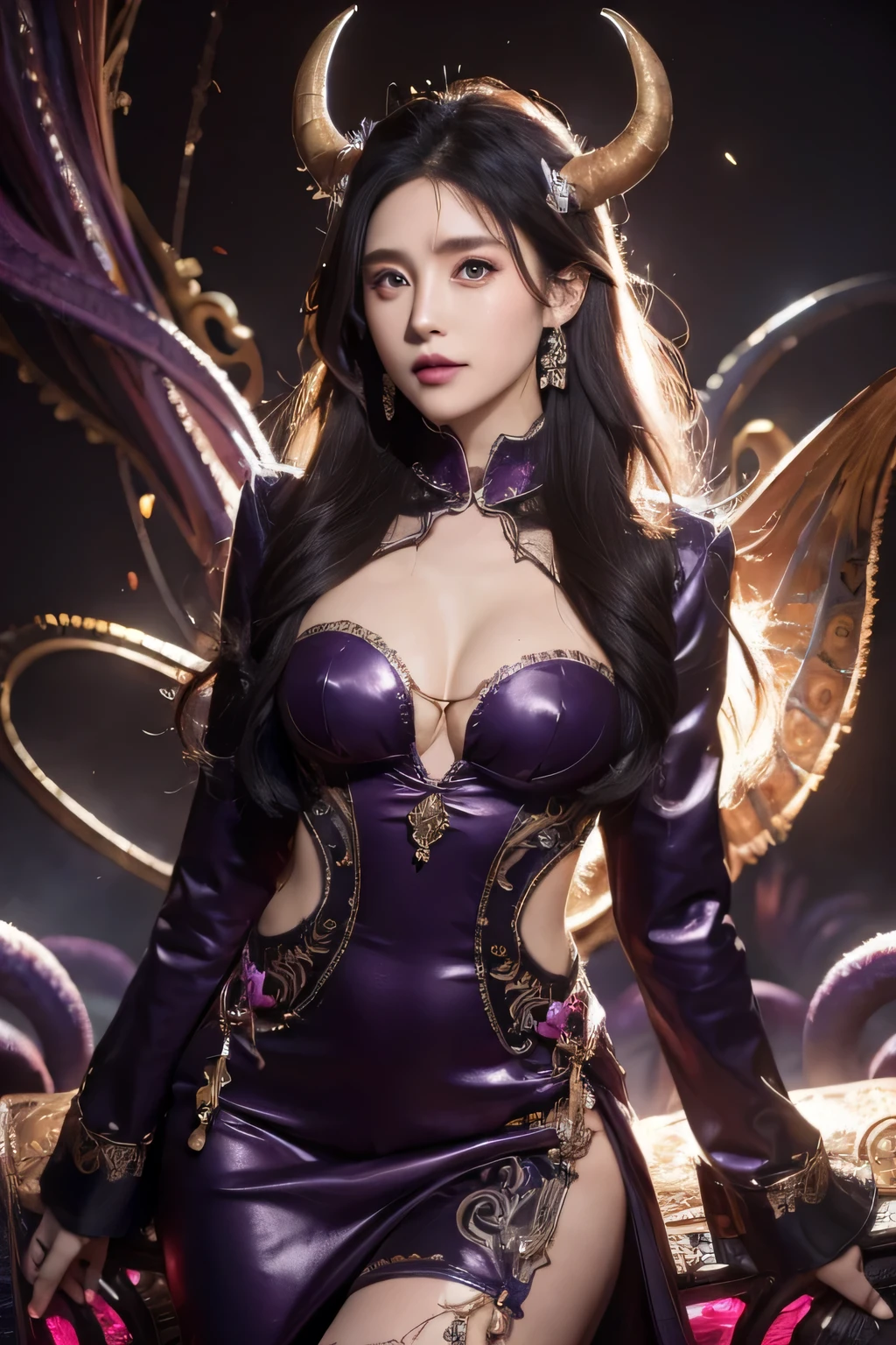 Skull with black eyes, wearing a purple cape, with skeletal body, holding a katana, (purple aura) and a dragon behind purple and blue color