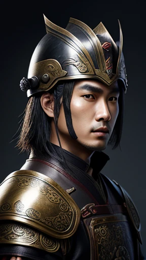 oriental、Man wearing ancient Chinese leather armor、ancient chinese hairstyle man、three kingdom、general、highest quality、masterpiece、ultra high resolution、(Photoreal:1.4)、game poster、No background、wore a leather helmet、It's solo