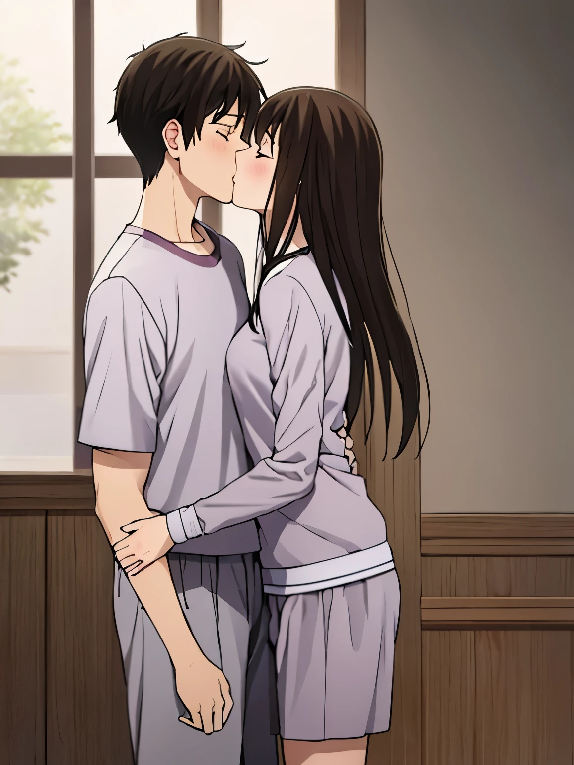 1boy, buzzcut, 1girl, bangs, black hair, blush, medium breast, gym short sleeve white shirt, gym shorts, boy grab girl's chest, cute, love, couple, adorable, long sleeves, dating, face to face, (kiss, deep kiss,) open eyes, girl back leaning wall, indoors, bedroom, 