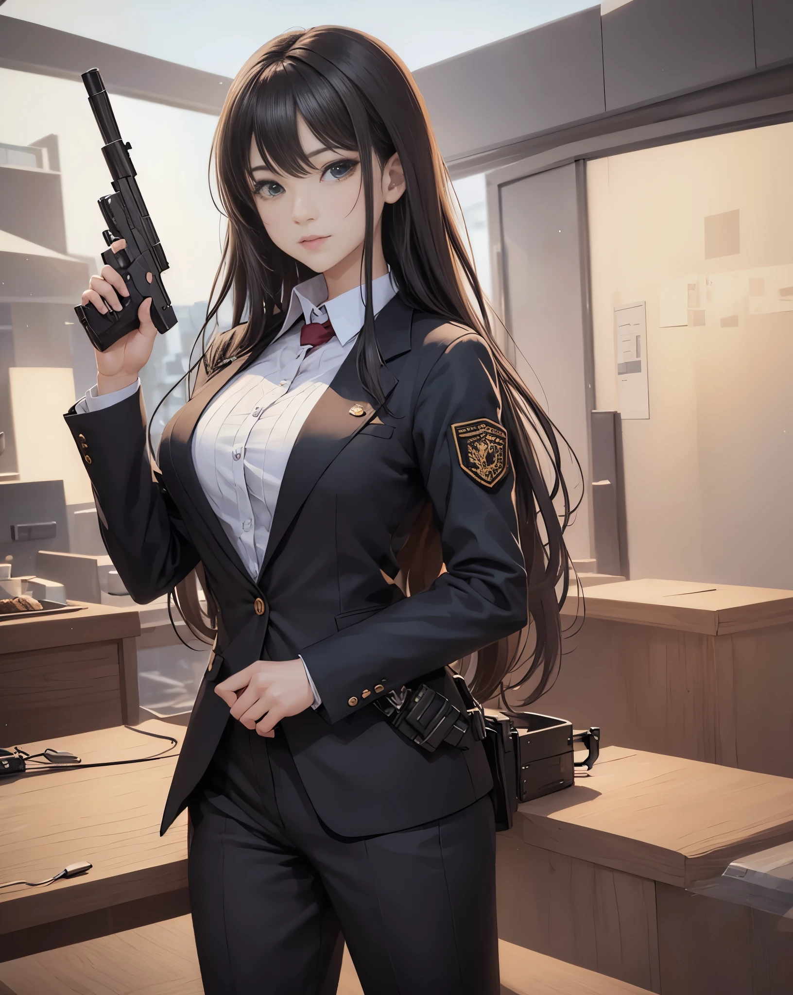 high quality、8K、photorealistic anime drawings、dark、1 female、have a gun、(long hair、pant suit)、In town、stationed wagon