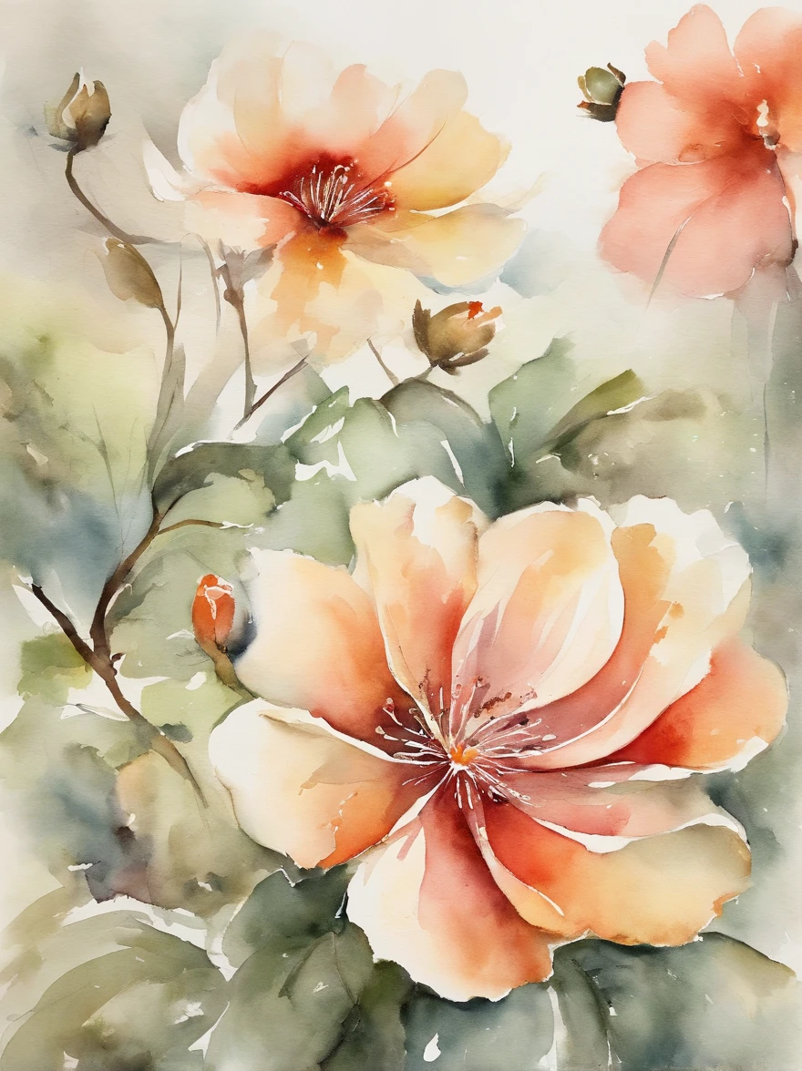 a floral watercolor painting,Highlights the characteristics and beauty of Renaissance-style watercolor art。Artwork should capture the unique qualities of Renaissance watercoloror example, the use of light and shadow、Detailed brushwork and rich color palette。The composition includes a variety of flowers,Each one carefully rendered,to demonstrate their individual beauty and the overall harmony of the work。Detailed background,Complements the flowerut not overwhelming the flowerocus on expressing the grace and delicacy of flowers。