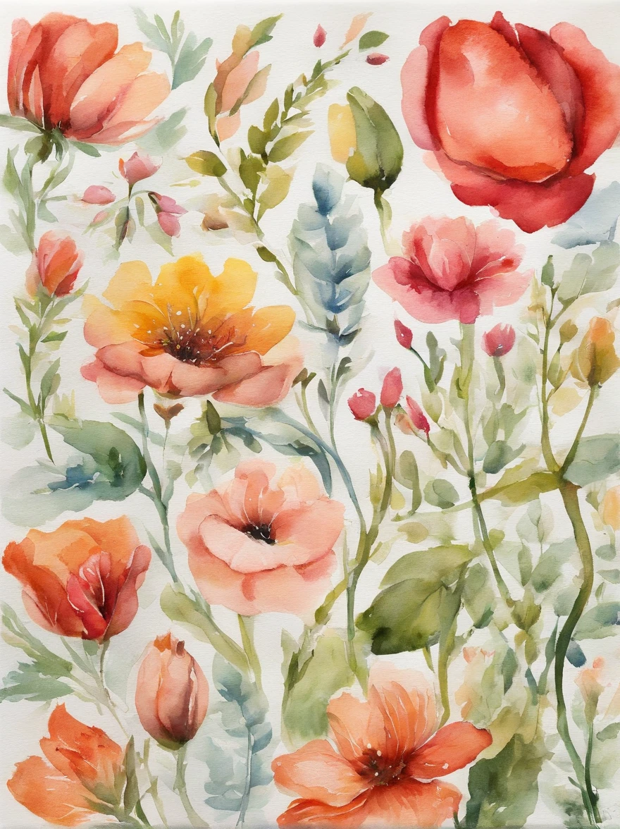 a floral watercolor painting,Highlights the characteristics and beauty of Renaissance-style watercolor art。Artwork should capture the unique qualities of Renaissance watercoloror example, the use of light and shadow、Detailed brushwork and rich color palette。The composition includes a variety of flowers,Each one carefully rendered,to demonstrate their individual beauty and the overall harmony of the work。Detailed background,Complements the flowerut not overwhelming the flowerocus on expressing the grace and delicacy of flowers。