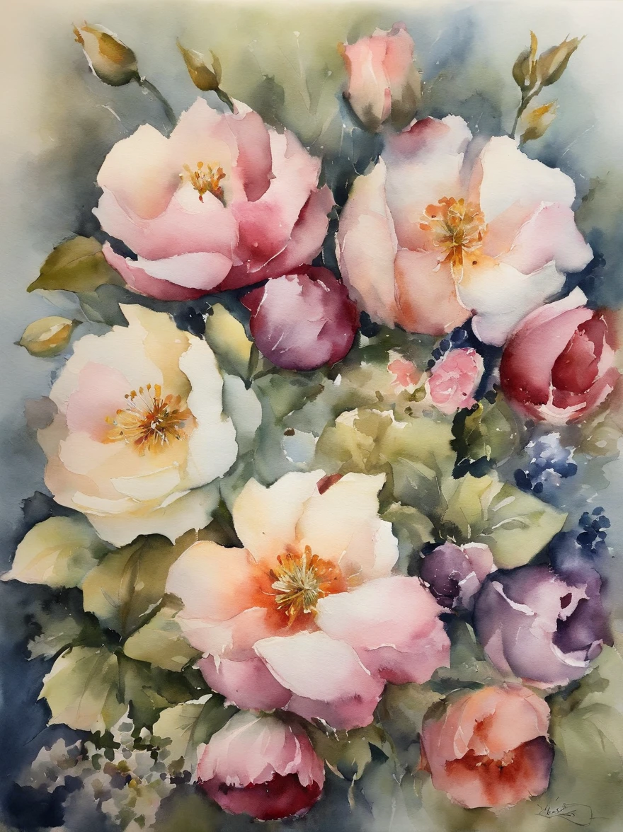 a floral watercolor painting,Highlights the characteristics and beauty of Renaissance-style watercolor art。Artwork should capture the unique qualities of Renaissance watercoloror example, the use of light and shadow、Detailed brushwork and rich color palette。The composition includes a variety of flowers,Each one carefully rendered,to demonstrate their individual beauty and the overall harmony of the work。Detailed background,Complements the flowerut not overwhelming the flowerocus on expressing the grace and delicacy of flowers。