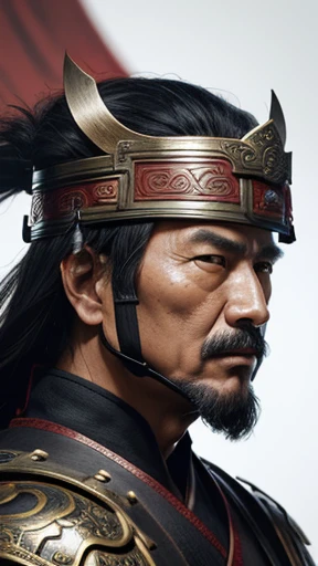 oriental、elder、Man wearing ancient Chinese leather armor、ancient chinese hairstyle man、three kingdom、general、highest quality、masterpiece、ultra high resolution、(Photoreal:1.4)、game poster、No background、wore a leather helmet、It's solo