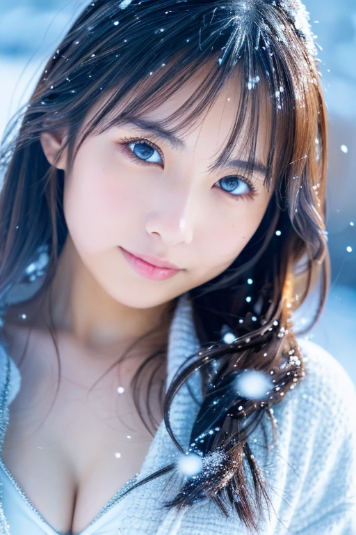 Beautiful girl in a swimsuit, Japanese actress, whole body, detailed face, detailed beautiful eyes, illumination, winter, snowy scene, falling snow, elegant atmosphere, masterpiece, high image quality, highest quality, high definition, very detailed, 8K, natural finish