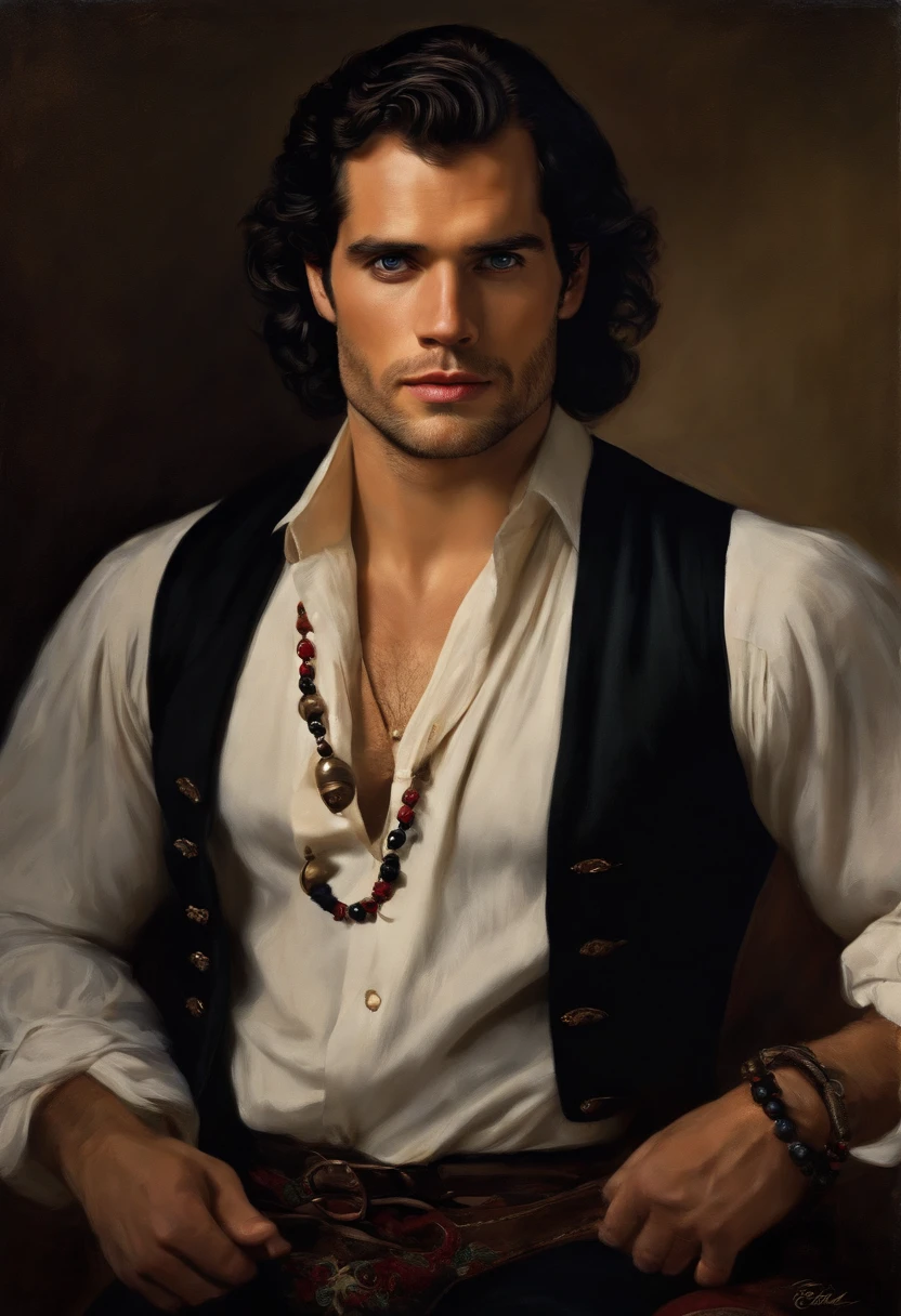 ((Baroque style painting of a young gypsy with a clean beard((henry cavill)),)) earrings and bracelets, handsome and strong young man, sexy and masculine, lascivious and naughty face, dressed in vest, shirt and pants in the style from the Victorian Era, blue eyes, long, silky, black hair falling over the shoulders, ((looking at camera)), ((playing the gypsy tambourine near a fire in a gypsy camp)).