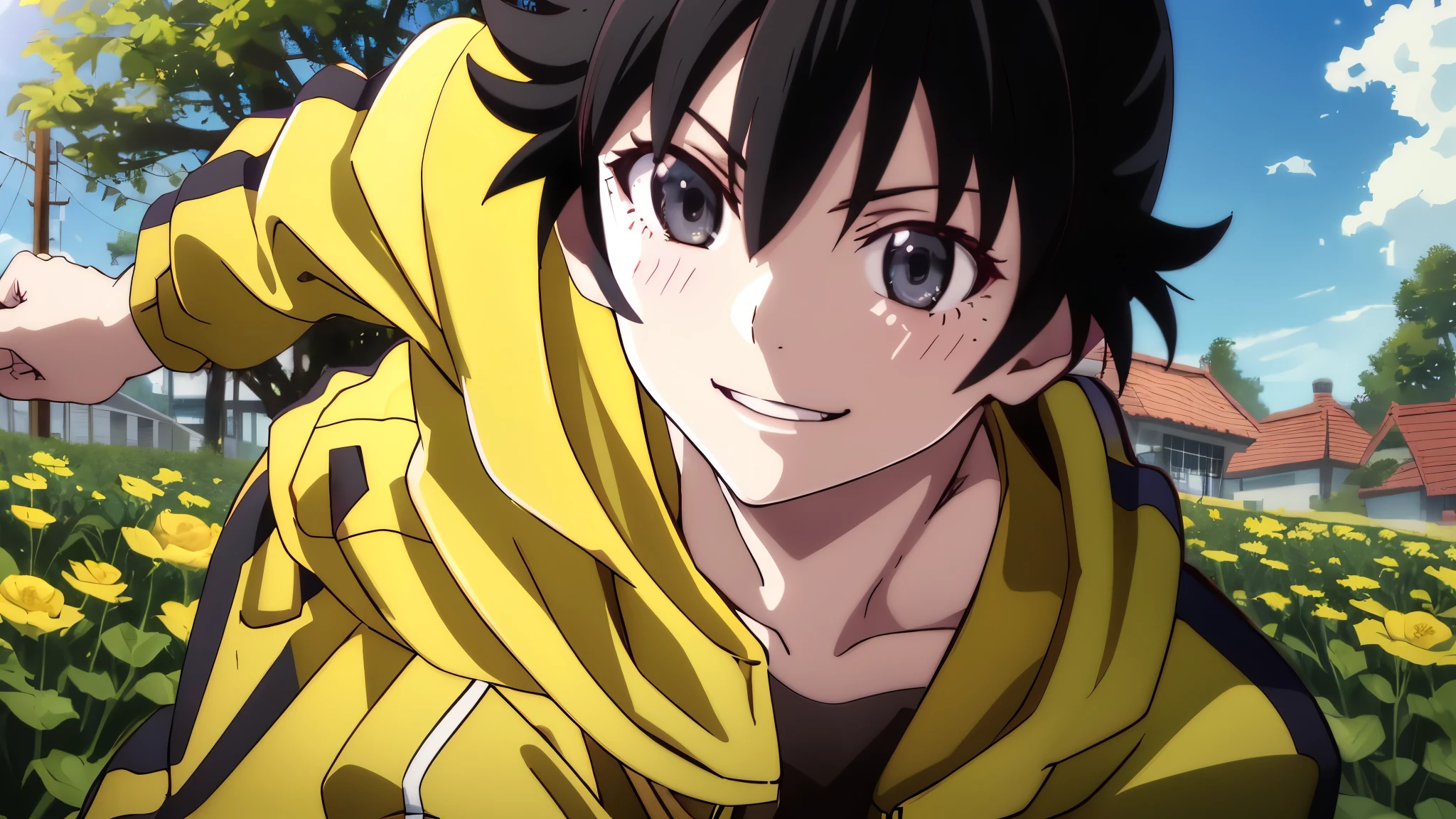 masterpiece, highest quality, ultra high resolution, highest quality, anime style, best writing, beautiful face, 1 girl, alone,  Ren Araki, long hair,  Ahoge, (yellow tracksuit:1.3), Open Front, Yellow pants,  shorts, black tank top, Egg garnish, garden, flowers, wood,  close up face, smile, morning, Jumping knee strike