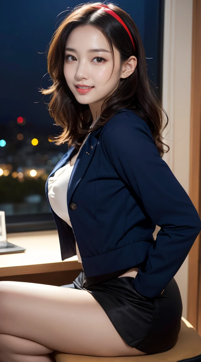 (((オフィスレディ、OL、office lady、formal clothes、navy jacket、tight jacket)))、(((white horseshoe-shaped hairband)))、sexy,formal ,in the bank,vivid color panty,high heel、(((full body,including legs)))、Dressed up、(Photo real:1.4)、(A hyper-realistic:1.4)、(Photorealistic:1.3)、 (gentle lighting: 1.05)、(Improve the lighting quality of your video:0.9)、32 k、 1Girl、25years old girl、photorealistic lighting、Back lighting、Facial Lights、Ray Trace、(bright:1.2)、(Increase quality:1.4)、 (best quality real texture skin)、Fair eyes,Delicate and delicate face、 (tired and sleepy and satisfied : 0.0), Close-up of the face, navy shirt [boton gap 1:5],very tight navy shirt ,((([see through shirts:1.2], {stands out nipples、covered nipples ))),navy jacket,very tight navy jacket, navy mini skirt , (Bodyline mood improvement:1.1)、Glossy skin、wavy hair,pornostar、韓国アイドル、乃木坂アイドル、Sculptural Idol Pose、little smile,blush,Beautiful actress、Neat woman,whole body, and spread the legs apart, small breasts,(perfect row of teeth),slender waist and hip,beautiful long legs,(full shot)、((8heads tall)、(((誘惑している、恥ずかしい)))、random dynamic pose,(eye shadow),(red cheek、red lips),Super Clean Night View、night time、blush,little smile,(((full shot)))、a little open the legs apart、sitting down on the desk,(((in the luxury night office)))