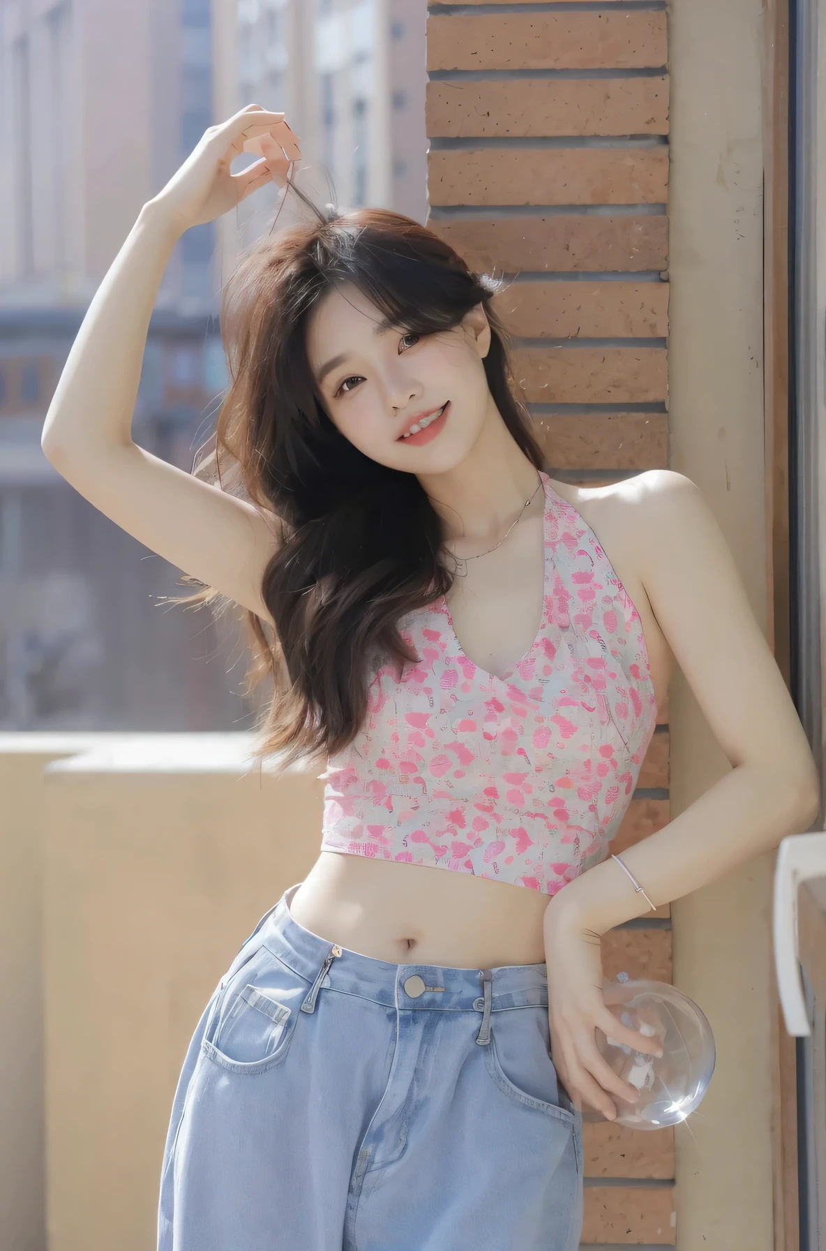 Asian woman wearing pink top and blue jeans leaning against wall, Beautiful young Korean woman, Beautiful young Korean woman, beautiful korean woman, Korean fashion model, korean girl, Nam Jae Hwa, jinyoung shin, Urzan, Cui Xianhua, hot，sunny, cute korean actress, Photo of slim girl model