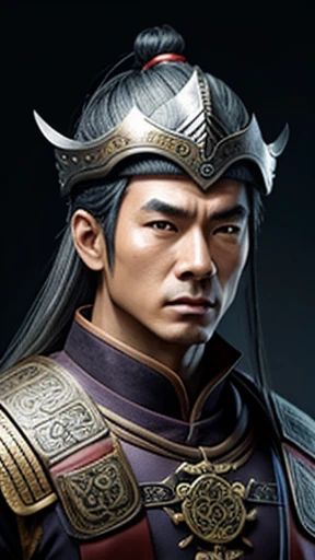 oriental、gray hair、Man wearing ancient Chinese leather armor、ancient chinese hairstyle man、three kingdom、general、highest quality、masterpiece、ultra high resolution、(Photoreal:1.4)、game poster、No background、wore a leather helmet、It's solo