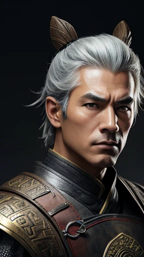 oriental、gray hair、Man wearing ancient Chinese leather armor、ancient chinese hairstyle man、three kingdom、general、highest quality、masterpiece、ultra high resolution、(Photoreal:1.4)、game poster、No background、wore a leather helmet、It's solo