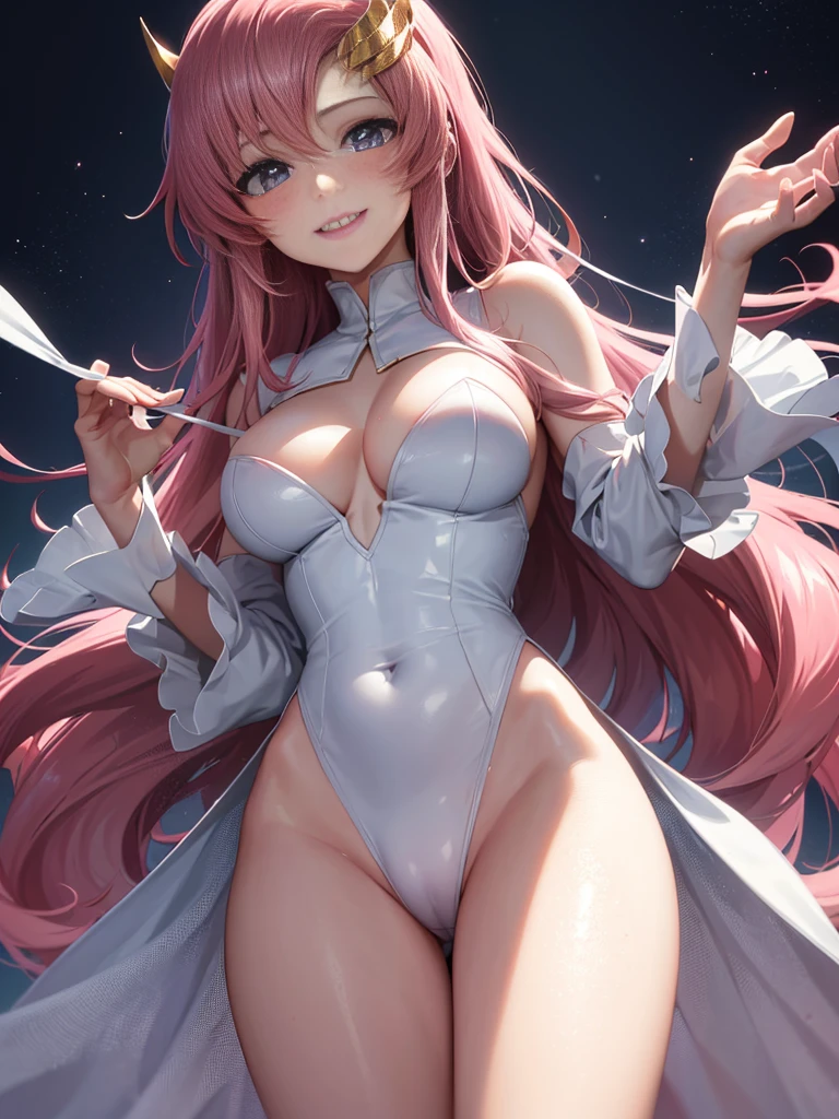 High resolution, masterpiece, official works, anime art, cinematic light, (perfect anatomy:1.5), Lacus Clyne, attractive anime girl, 1girl, pink long hair, hair ornament, slender body, shiny skin, huge breasts, (naughty tits, well-shaped breasts, detailed breasts), heavy breathing, (((bewitching smile, blush))), white dress, (all see-through dress, not wearing underwear), sit deeply on the sofa, (((she opens her legs wide for the viewer, seduce the viewer, aphrodisiac, exposing pussy))), armpits, focus on pussy, Photographed up close,