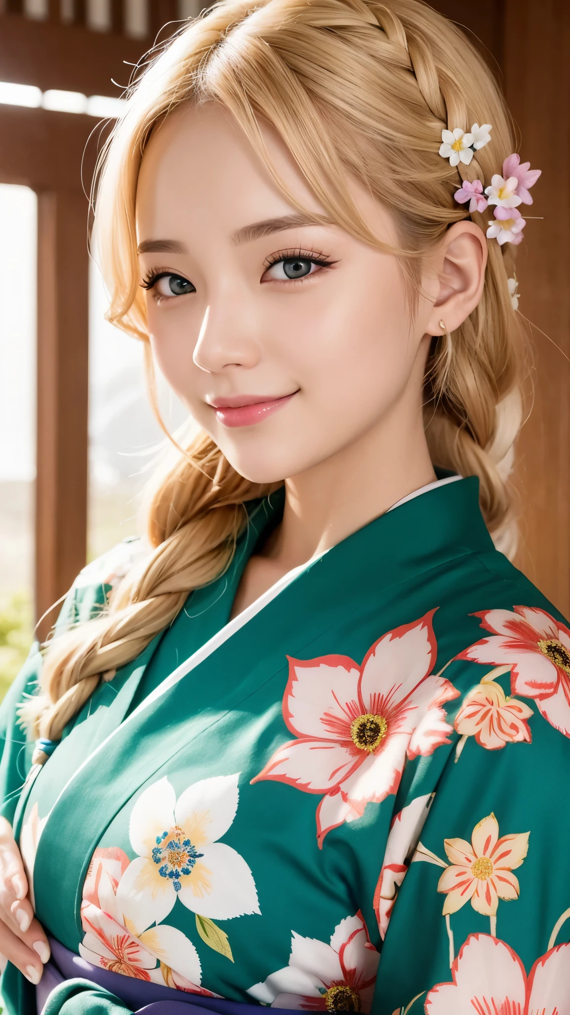 blonde kimono beauty、fancy floral kimono、My cute girlfriend is a kimono model.、green eyes、Beautiful smile、he is short、Braid、hair ornaments、Colorful and flashy kimono、