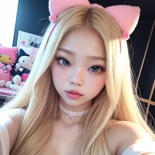  Jennie of blackpink, cute coquette pink oufit, blonde hair, high quality, gentle features, plushies all around, taking a selfie. Best quality, plumpy lips, hello kitty, pink clips in her hair, extremely detailed
