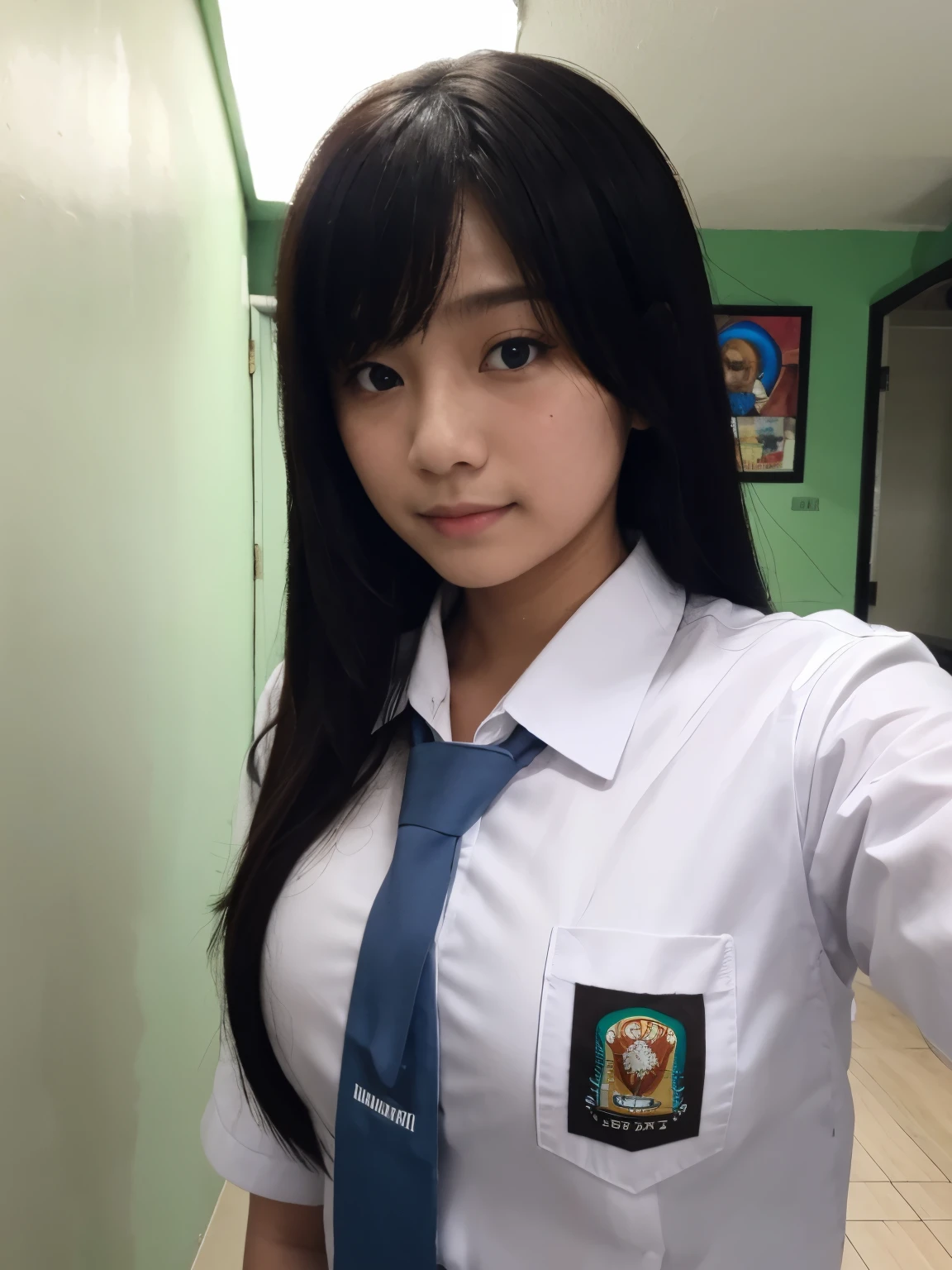 masterpiece, best quality, highres, female, 1girl, wearing indonesian high school uniform, selfie, close up, black long hair with front bang, white shirt, light blue tie, 17 yo, green wall