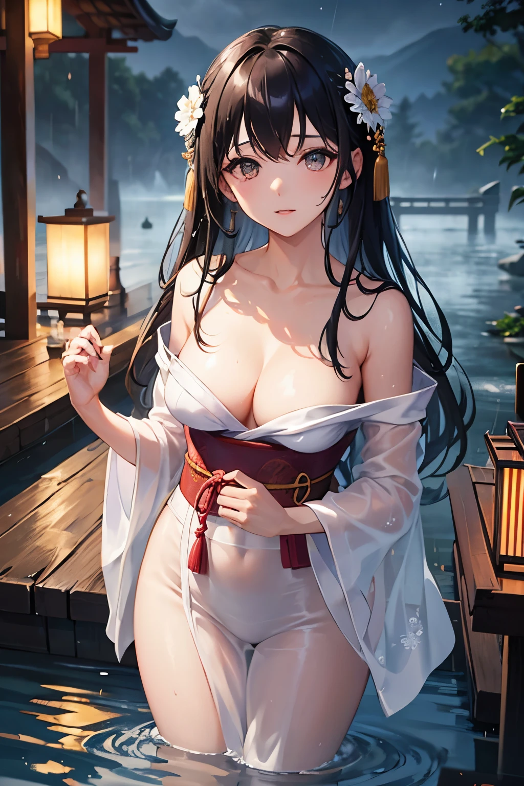 Young woman, very delicate and beautiful eyes, black hair, long hair, bangs, hair accessory, wet hair, very detailed, standing in ankle-deep water, reflection, moon, raining, wet clothes, Japanese clothes , yukata, strapless, translucent, floral pattern, open neck, open shoulder, chest, wet, lantern, night, outdoors, rainy, mountains, clouds, lantern, night sky, trees, very detailed, CG, movie lighting, detailed backgrounds, East Asian architecture