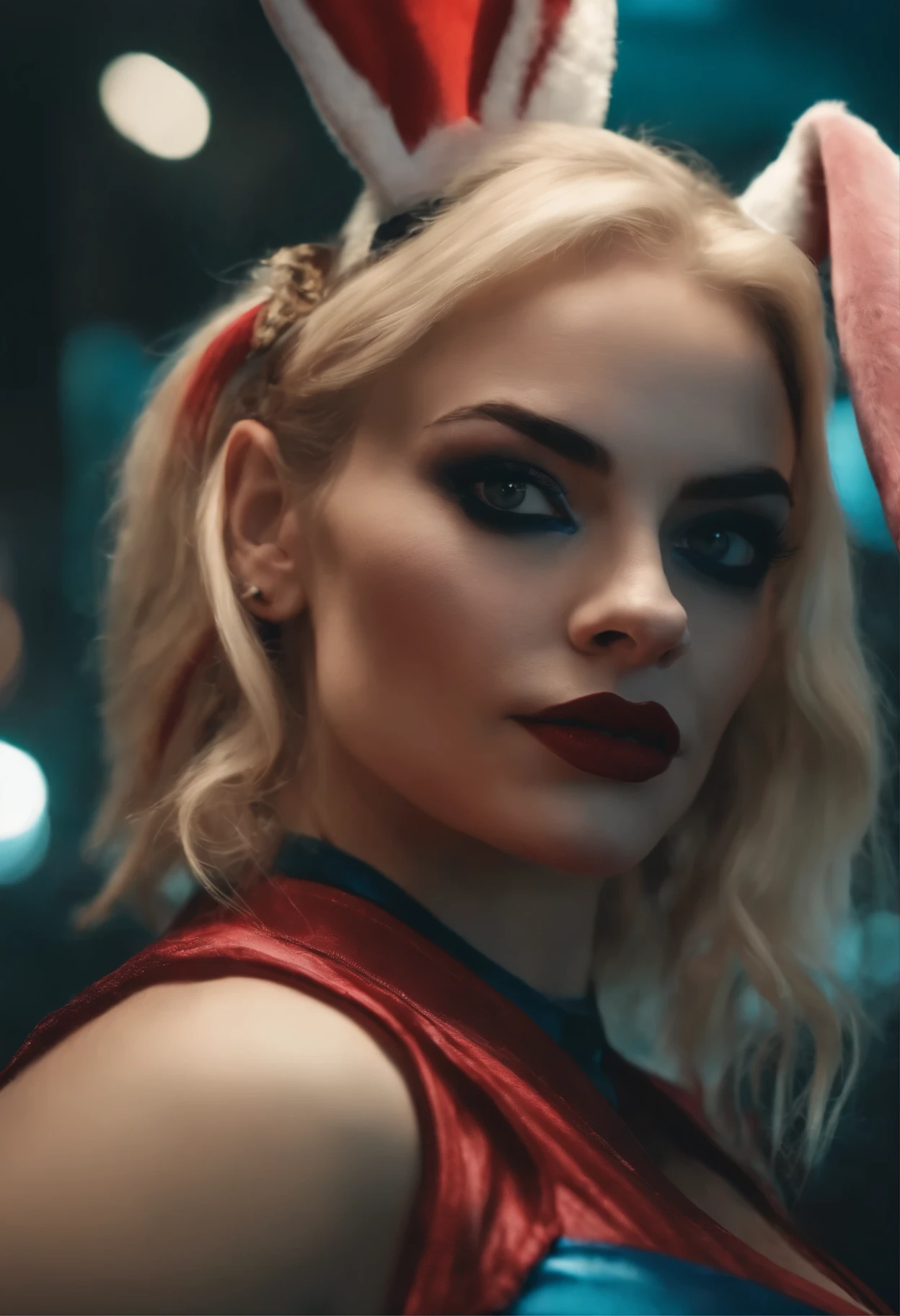 close-up of a woman with a rabbit on her head, of Harley Quinn, portrait of Harley Quinn, Colorful cinematography, Scary color graphics in 4 K, Artgerm Julie Bell Beeple, art of alessandro pautasso, Harley Quinn, by Galen Dara, Martin then, Martin then artwork portrait, Harley Quinn